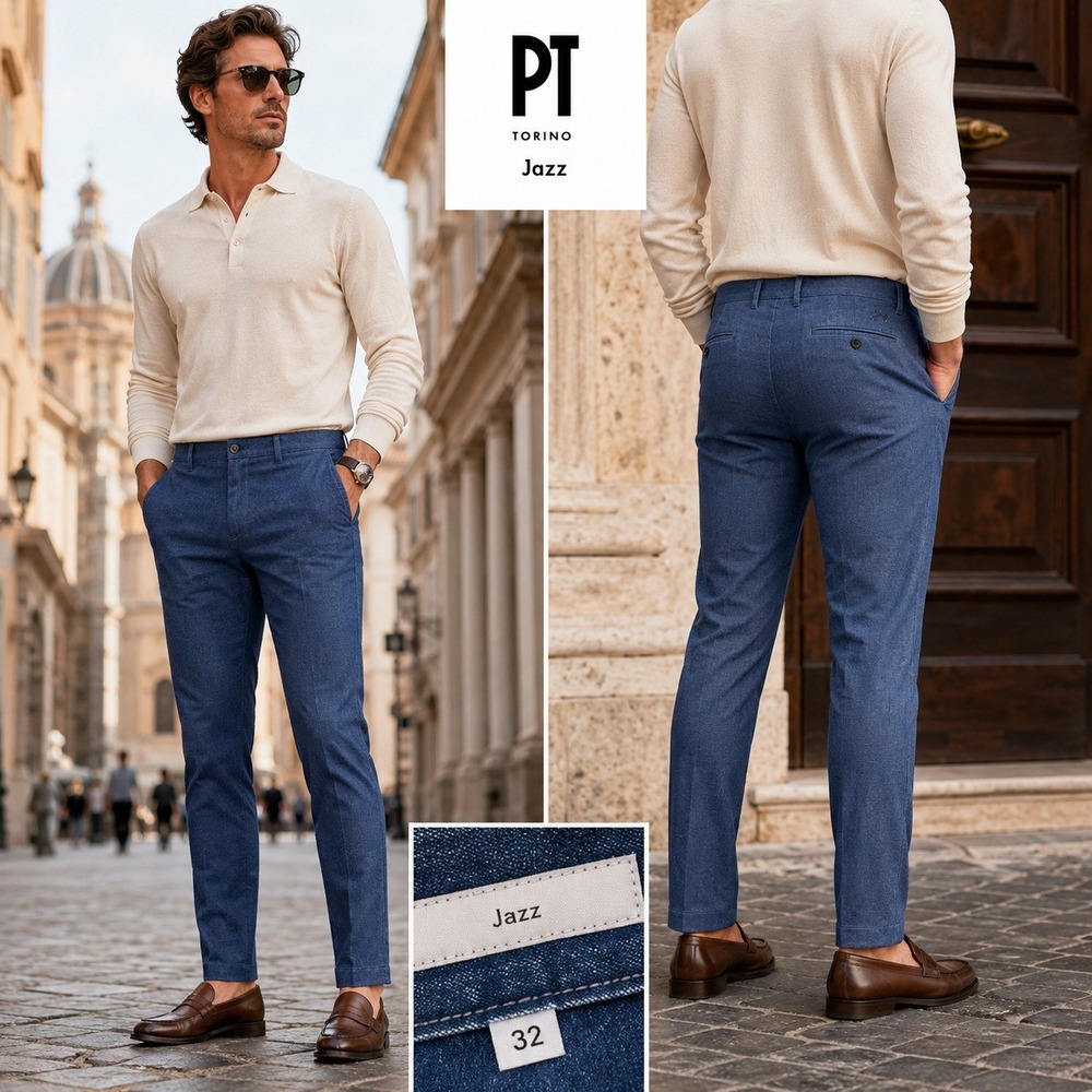 PT Torino Jazz Mens‎ 32 Blue Cotton Silk Stretch Denim Trousers Pants Italy